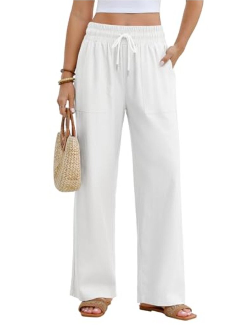 Linen Blend High Waist Wide Leg Palazzo Pants with Pockets